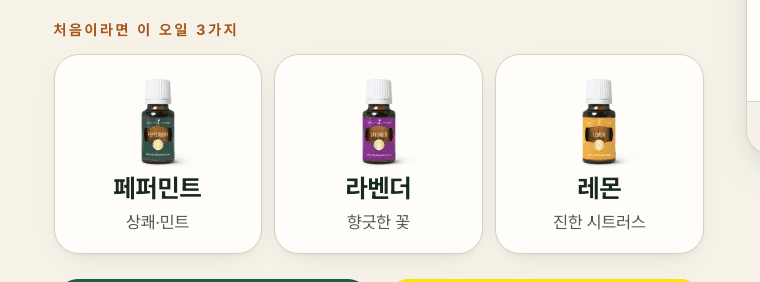 홈 화면의 '처음이라면 이 오일 3가지' 영역. 페퍼민트·라벤더·레몬 카드.